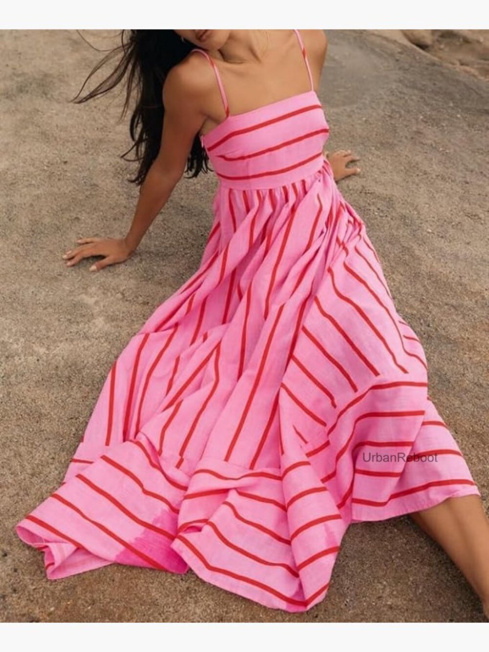 Striped Maxi Dress Sleeveless Backless Cutout Smocked Sundress Boho Flowy - Picture 3 of 6